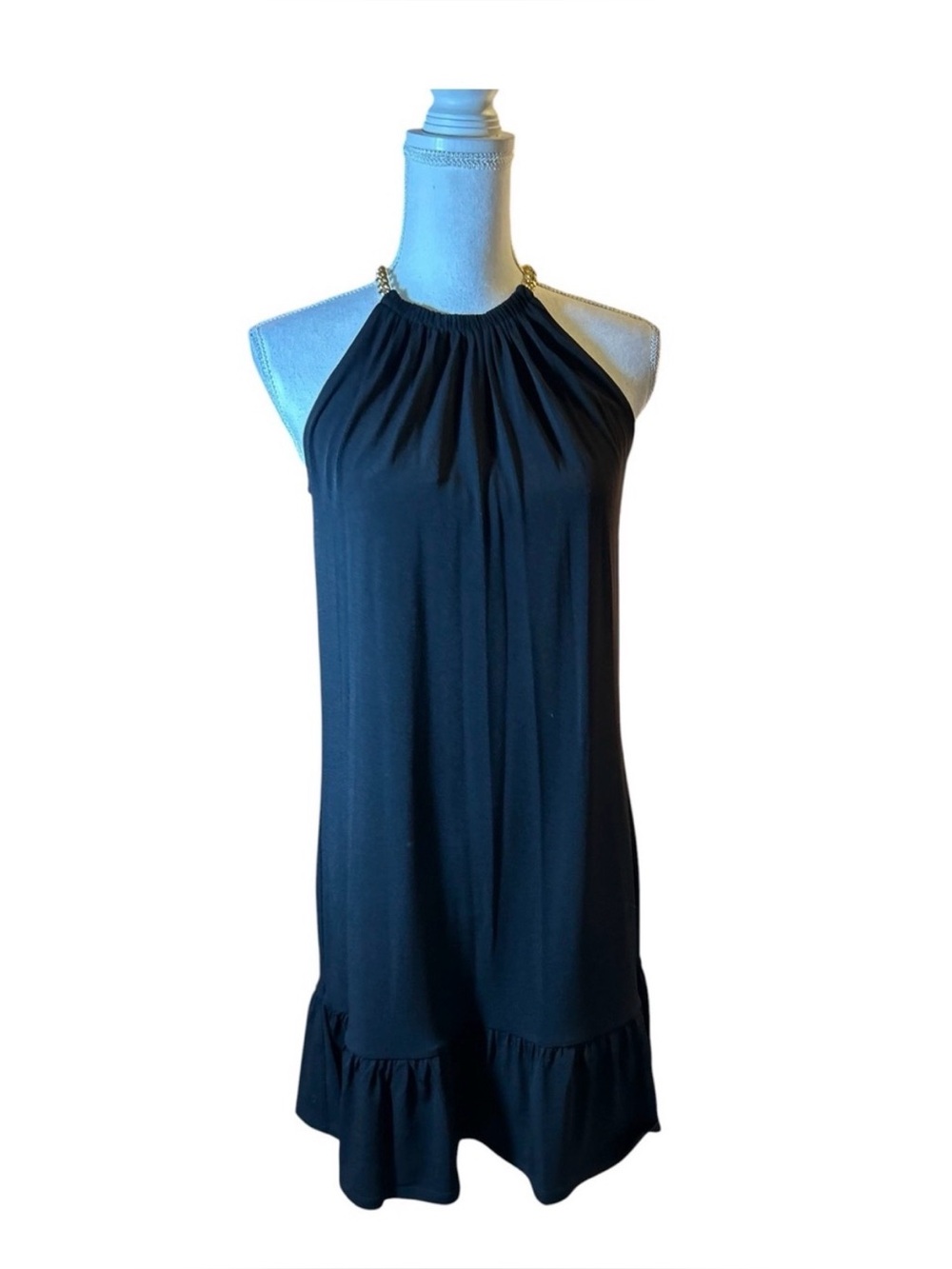 MICHAEL Michael Kors Gold Chain Halter Ruffle Trim Mini Dress